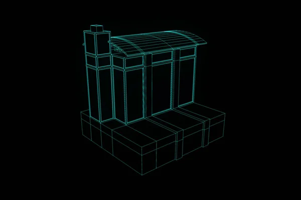 Byggnad i Wireframe Hologram stil. Fina 3d-Rendering — Stockfoto