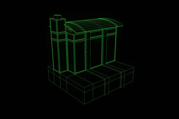 Bangunan dalam Gaya Hologram Wireframe. Perenderan 3D Bagus — Stok Foto