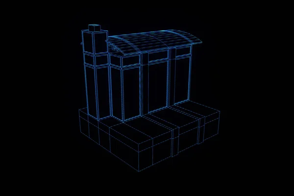 Bangunan dalam Gaya Hologram Wireframe. Perenderan 3D Bagus — Stok Foto