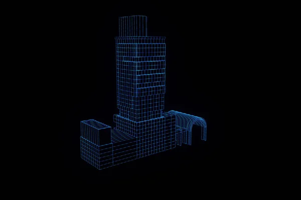 Gebouw in Wireframe Hologram stijl. Mooie 3D-Rendering — Stockfoto