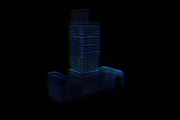 Gebouw in Wireframe Hologram stijl. Mooie 3D-Rendering — Stockfoto