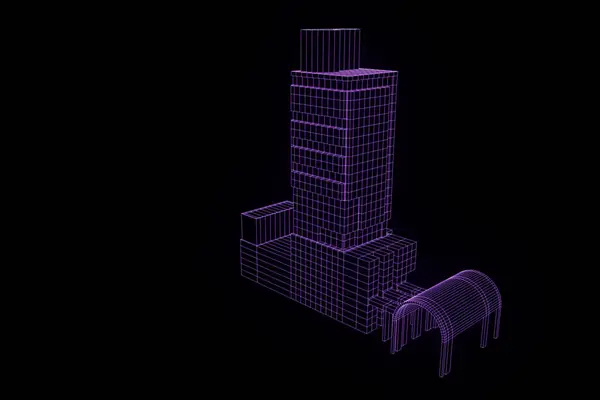 Gebouw in Wireframe Hologram stijl. Mooie 3D-Rendering — Stockfoto