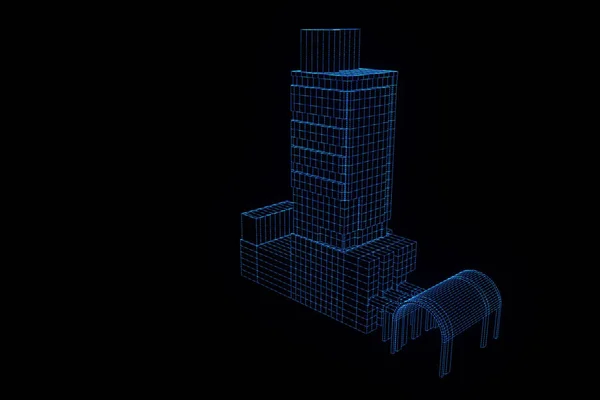 와이어 프레임 홀로그램 스타일에서 건물입니다. 멋진 3d 렌더링 — 스톡 사진