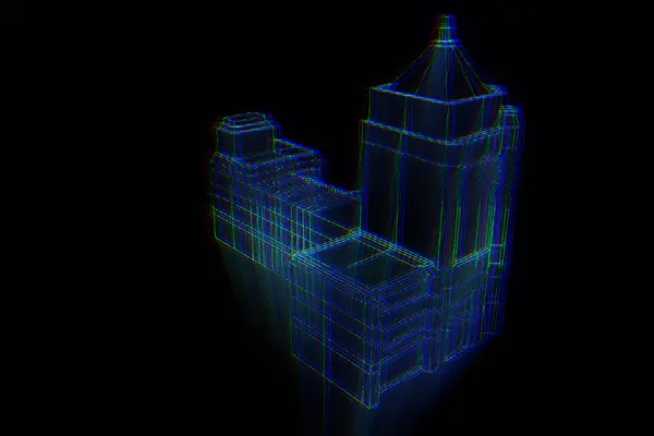 Gebouw in Wireframe Hologram stijl. Mooie 3D-Rendering — Stockfoto