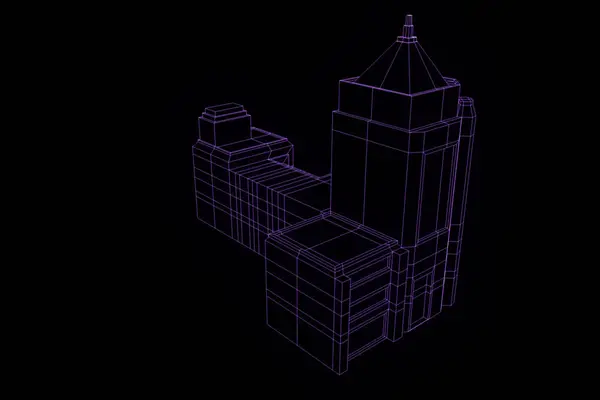 와이어 프레임 홀로그램 스타일에서 건물입니다. 멋진 3d 렌더링 — 스톡 사진