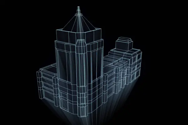 Bâtiment en style hologramme Wireframe. Belle rendu 3D — Photo