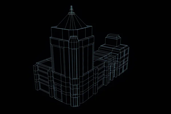 Budynek w stylu model szkieletowy Hologram. Ładne renderowania 3d — Zdjęcie stockowe