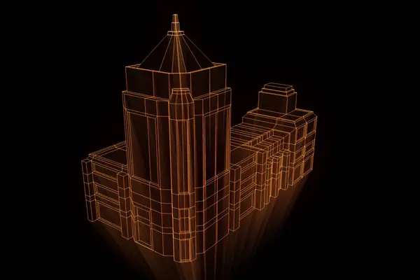 Bâtiment en style hologramme Wireframe. Belle rendu 3D — Photo