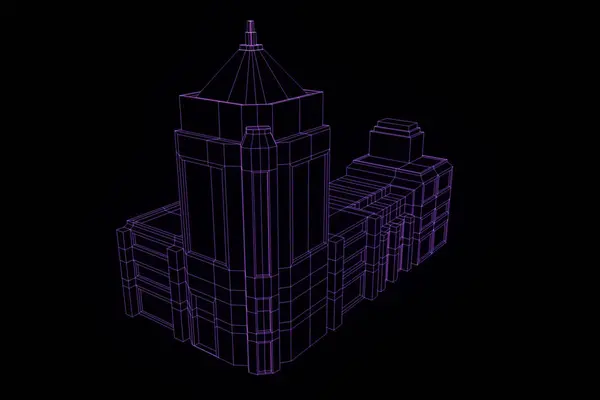 Bâtiment en style hologramme Wireframe. Belle rendu 3D — Photo