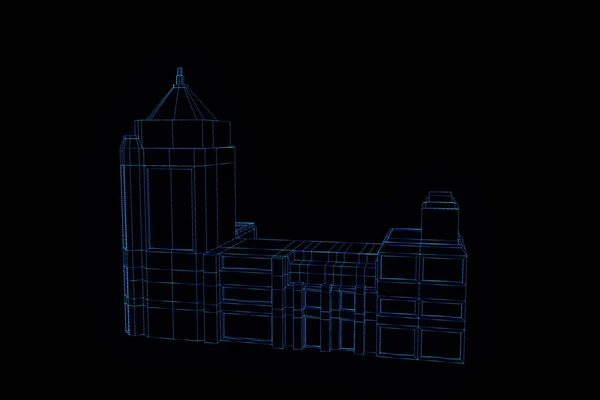 Drótváz Hologram stílusú épület. Szép 3D-s renderelés — Stock Fotó