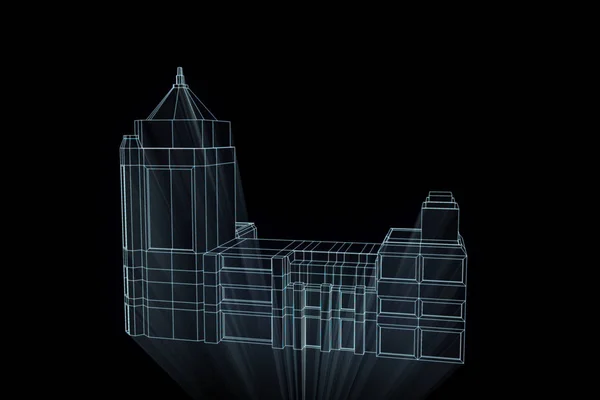Budynek w stylu model szkieletowy Hologram. Ładne renderowania 3d — Zdjęcie stockowe