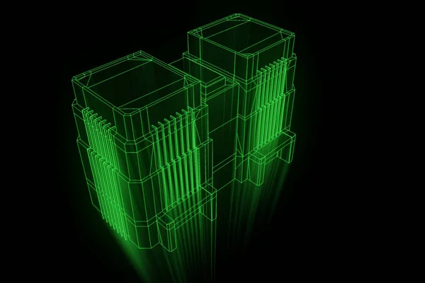 Tel Çerçeve hologramı stili binada. Güzel 3d render