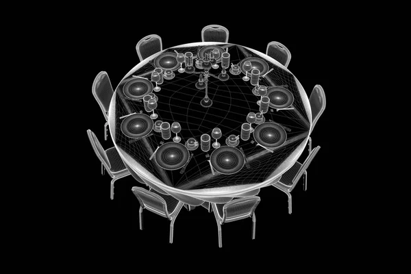Mesa de la fiesta de la conferencia con las virutas en estilo del Wireframe del holograma. Niza 3D Rendering — Foto de Stock