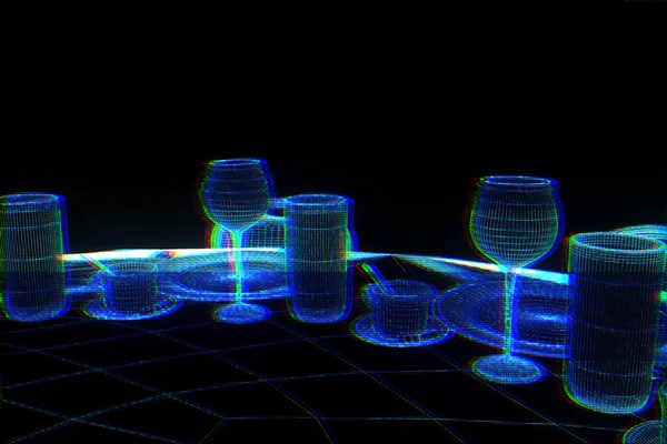 Mesa de la fiesta de la conferencia con las virutas en estilo del Wireframe del holograma. Niza 3D Rendering —  Fotos de Stock