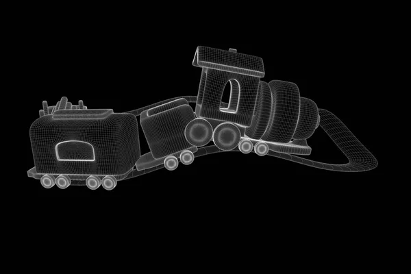 홀로그램 와이어 프레임 스타일에서 장난감 열차입니다. 멋진 3d 렌더링 — 스톡 사진