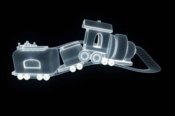 Spielzeugeisenbahn im Hologramm-Drahtgestell-Stil. schönes 3D-Rendering — Stockfoto