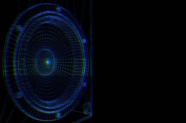 3D müzik hoparlör tel çerçeve hologramı tarzı. Güzel 3d render