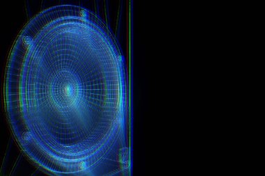 3D müzik hoparlör tel çerçeve hologramı tarzı. Güzel 3d render