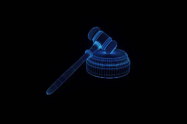 Martillo de subasta en Holograma Wireframe Style. Niza 3D Rendering —  Fotos de Stock