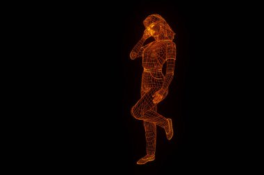 Hareket insan Tel Çerçeve hologramı. Güzel 3d render