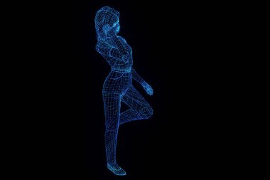 Hareket insan Tel Çerçeve hologramı. Güzel 3d render