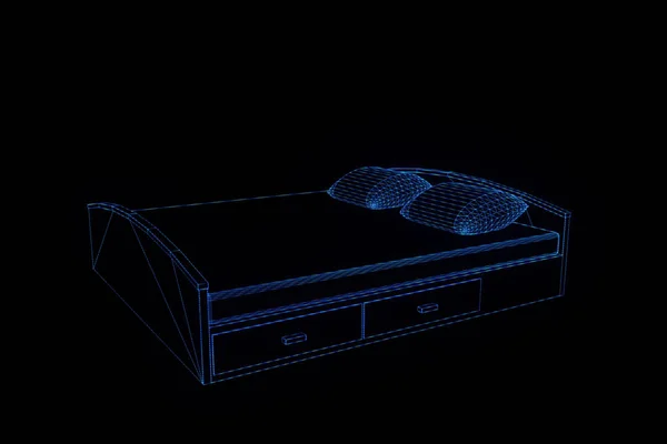Cama en estilo Holograma Wireframe. Niza 3D Rendering —  Fotos de Stock