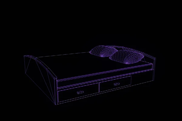 Bed in Hologram Wireframe Style. Nice 3D Rendering — Stock Photo, Image