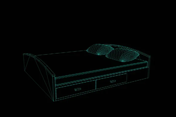 Кровать в стиле голограммы Wireframe. Nice 3D Rendering — стоковое фото