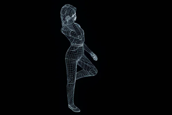 Ologramma a wireframe umano in movimento. Rendering 3D piacevole — Foto Stock