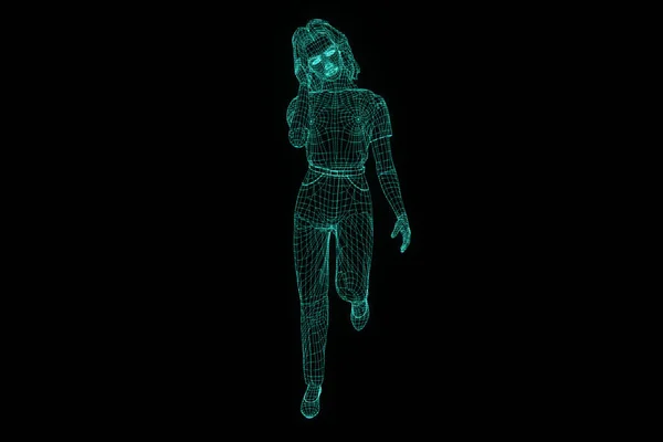 Holograma de Wireframe Humano em Movimento. Boa renderização 3D — Fotografia de Stock