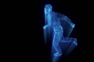 Hareket insan Tel Çerçeve hologramı. Güzel 3d render