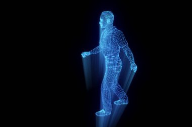 Hareket insan Tel Çerçeve hologramı. Güzel 3d render