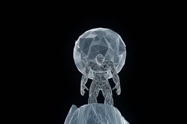 İnsan Tel Çerçeve hologramı tarzında dünya tutun. Güzel 3d render