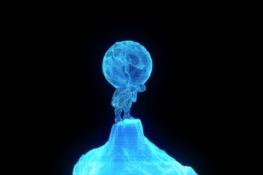 İnsan Tel Çerçeve hologramı tarzında dünya tutun. Güzel 3d render