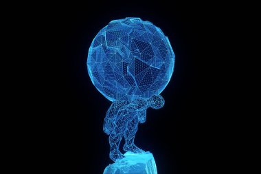 İnsan Tel Çerçeve hologramı tarzında dünya tutun. Güzel 3d render