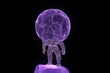 İnsan Tel Çerçeve hologramı tarzında dünya tutun. Güzel 3d render