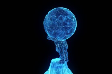 İnsan Tel Çerçeve hologramı tarzında dünya tutun. Güzel 3d render