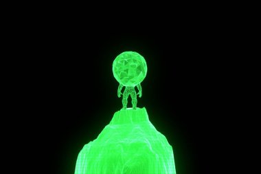 İnsan Tel Çerçeve hologramı tarzında dünya tutun. Güzel 3d render