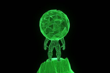 İnsan Tel Çerçeve hologramı tarzında dünya tutun. Güzel 3d render