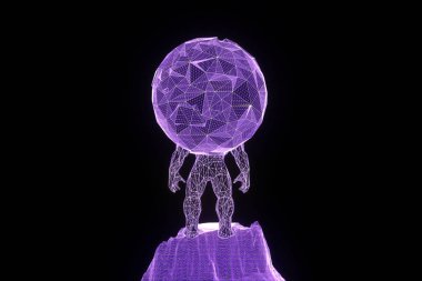 İnsan Tel Çerçeve hologramı tarzında dünya tutun. Güzel 3d render