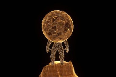 İnsan Tel Çerçeve hologramı tarzında dünya tutun. Güzel 3d render