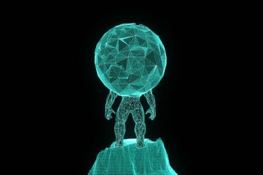 İnsan Tel Çerçeve hologramı tarzında dünya tutun. Güzel 3d render