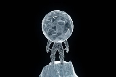 İnsan Tel Çerçeve hologramı tarzında dünya tutun. Güzel 3d render