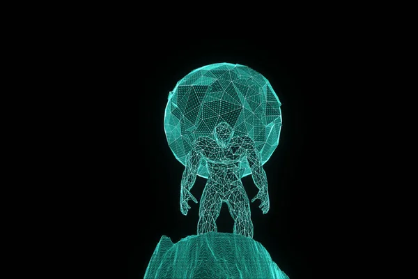 Human hold Earth in Wireframe Hologram Style. Nice 3D Rendering — Stock Photo, Image