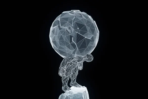 Lidské hold zemi ve stylu drátového modelu Hologram. Pěkný 3d vykreslování — Stock fotografie