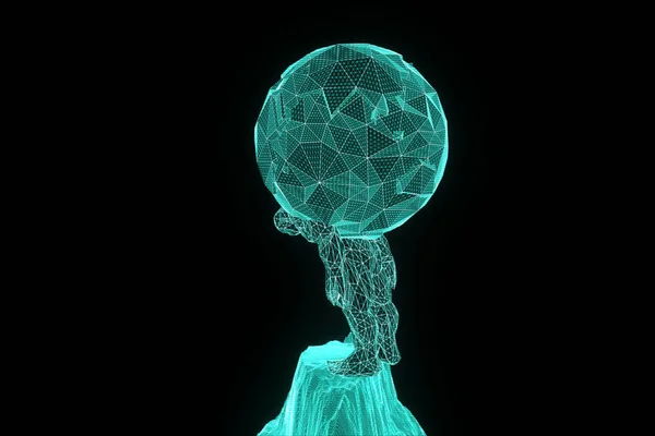 Human hold Earth in Wireframe Hologram Style. Belle rendu 3D — Photo