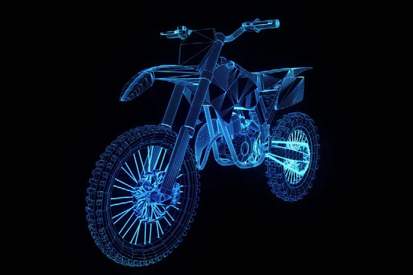 Motocykl ve stylu drátového modelu Hologram. Pěkný 3d vykreslování — Stock fotografie