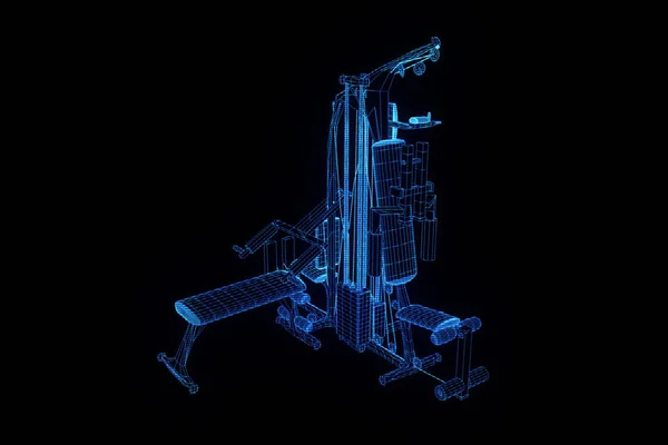 Tělocvičně lavice ve stylu drátového modelu Hologram. Pěkný 3d vykreslování — Stock fotografie