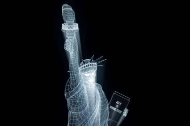 Tel Çerçeve hologramı tarzı Özgürlük heykeli. Güzel 3d render