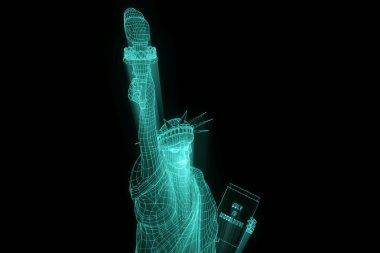 Tel Çerçeve hologramı tarzı Özgürlük heykeli. Güzel 3d render
